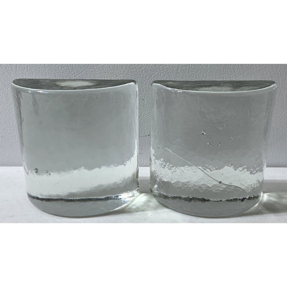 VINTAGE BLENKO CLEAR GLASS/Green TINT HEAVY HALF MOON BOOKENDS PAIR SET